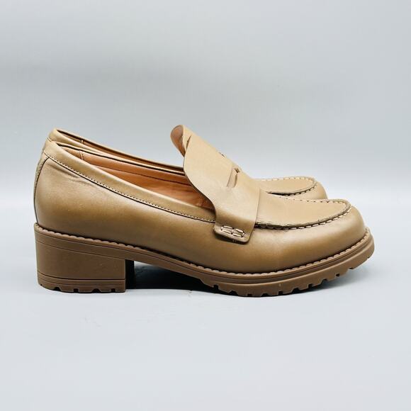 Cole Haan Shoes Womens 9 Tan Leather Loafers Lug Sole Chunky Heel CameaNEW - Picture 1 of 13